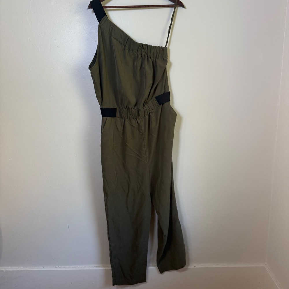 Maeve Anthropologie Asymmetric One Shoulder Elastic Waist Jumpsuit Size 12 Olive